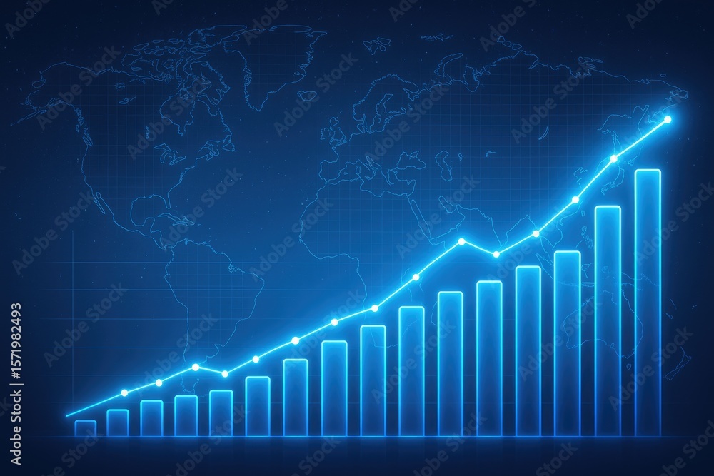 Poster ascending bar graph with glowing line chart over world map blue