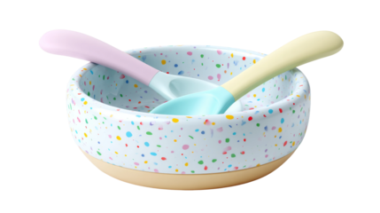 Colorful baby bowl with two spoons appear on transparent background.