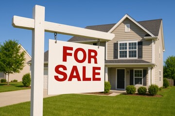 Beige house with for sale sign real estate home