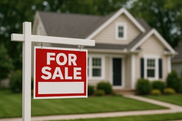 Beige suburban house with red for sale sign real estate property