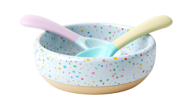 Colorful baby bowl with two spoons appear on transparent background.