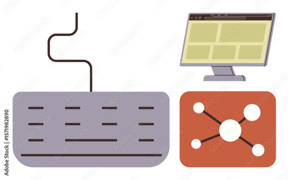 Poster keyboard with cable, monitor displaying grid interface, and network diagram with nodes and connectio