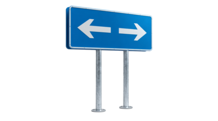 Blue direction sign contains left and right arrows is attached on metal posts.
