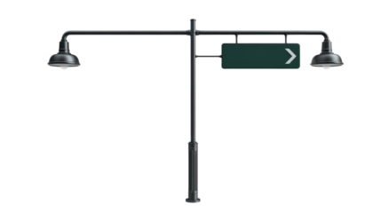 Black metal post supports two street lights and a green right arrow sign.
