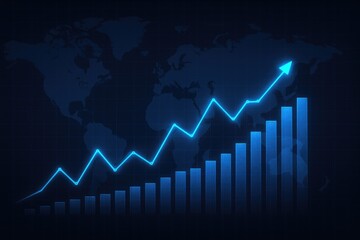 Blue financial growth chart with upward arrow on world map background finance graph
