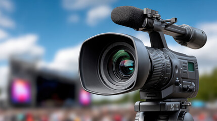 Professional video camera with microphone capturing outdoor event, blurred stage and audience in background