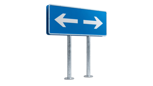 Blue direction sign contains left and right arrows is attached on metal posts.
 - Powered by Adobe