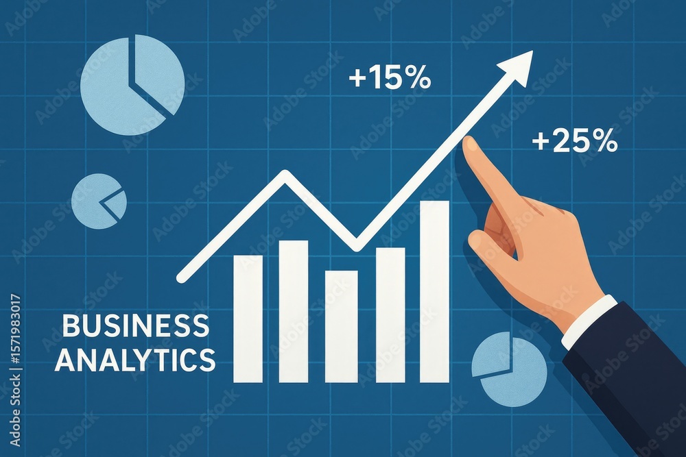 Aufkleber business analytics growth chart with pie charts and hand financial analysis data visualization