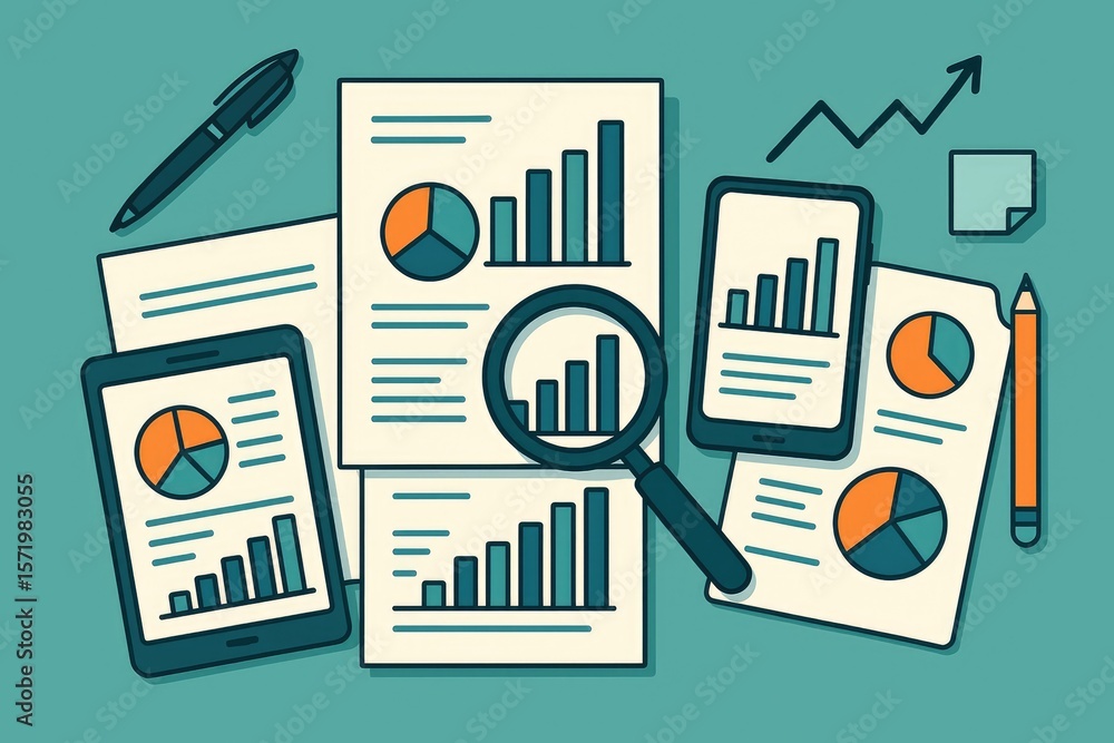 Poster business data analysis charts and graphs on paper and devices image