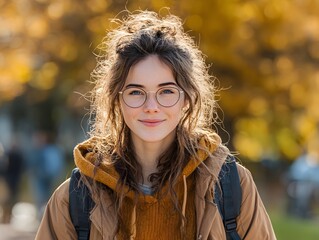 A pretty young woman with glasses and a messy bun smiles outdoors in the autumn sunlight wea warm clothing.