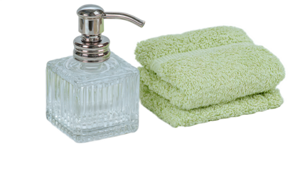Clear Glass Soap Dispenser And Light Green Hand Towel