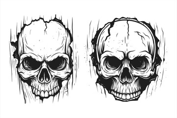 Intricately etched skulls emerge from cracked wooden surfaces, embodying a vintage and macabre aesthetic