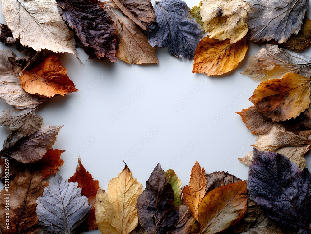 Wall mural assorted autumn leaves are arranged in a border around a blank white space ideal for text overlaying