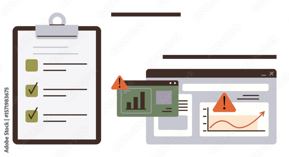 Poster clipboard with task checklist, analytics windows with warning icons, line graph, bar chart. ideal fo