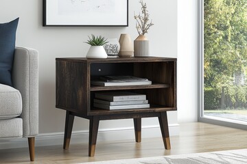 Mid-century modern end table with open storage and wooden legs, dark brown finish in living room setting