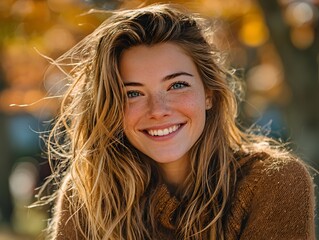 A beautiful smiling woman with long blonde hair and freckles poses outside in autumn wea a brown sweater.