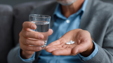 Elderly person holding pills and glass of water, preparing to take medication. scene conveys sense of routine healthcare