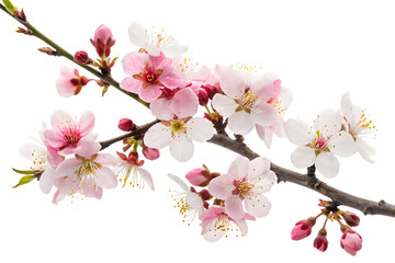 Fototapeta premium Pink cherry blossom branch with white-pink flowers, red buds, yellow stamens, and dark brown bark on white background.