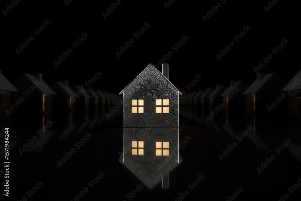 Poster conceptual row of identical houses in the darkness with one standing out with illuminated windows