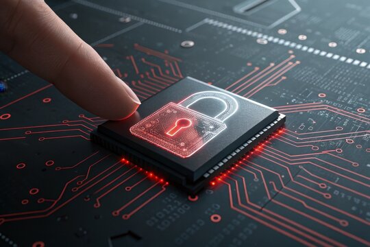 Securing technology with a fingerprint on a CPU padlock, emphasizing digital privacy and data protection for online safety.