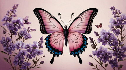 Pastel Butterfly Dream ,  An elegant and charming wallpaper featuring a beautiful pink butterfly with vibrant blue accents, framed by soft purple lilac flowers. The pastel pink background gives the im