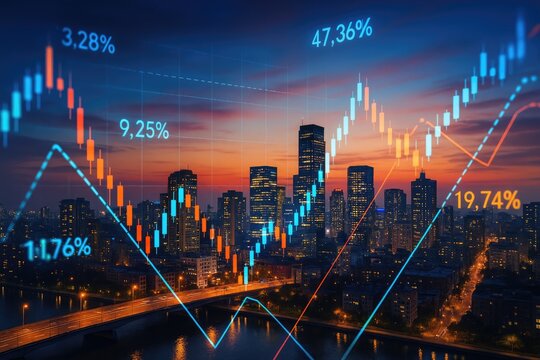 Cityscape financial data analysis with glowing charts graphs - Powered by Adobe