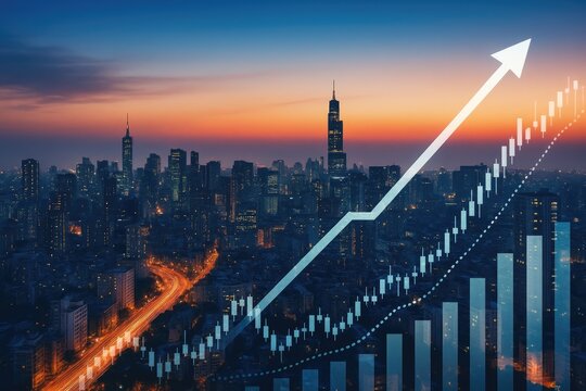 Cityscape with upward financial graph and arrow upward trend business