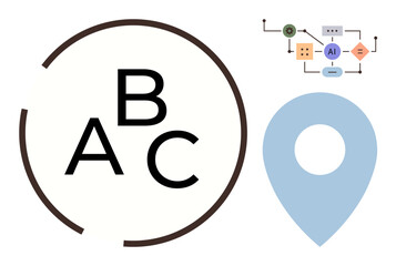 Letters A, B, C inside circular design, blue map pin marker, workflow with AI integration. Ideal for education, navigation, technology AI process innovation learning organization. Simple flat