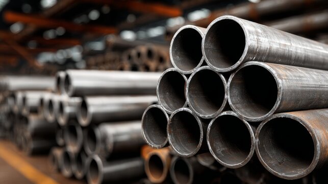 Steel pipes arranged in stacks at construction warehouse during daylight hours