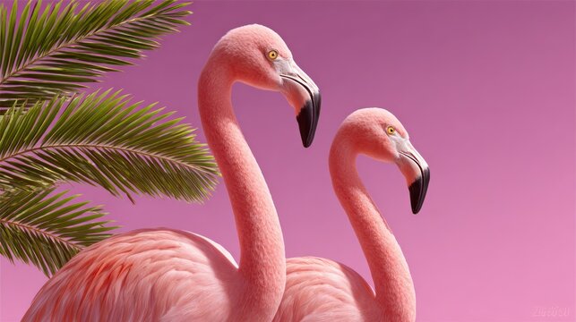 Two pink flamingos stand against a purple background with green palm fronds