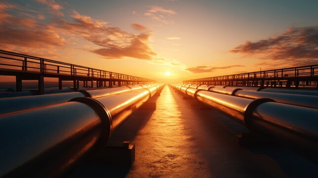 Sunset over industrial pipelines showcasing a vibrant sky at dusk near a refinery facility - Powered by Adobe