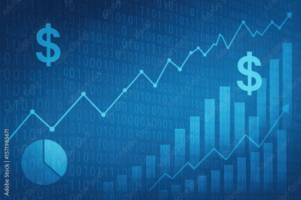 Poster financial growth chart with dollar symbols and binary code finance graph