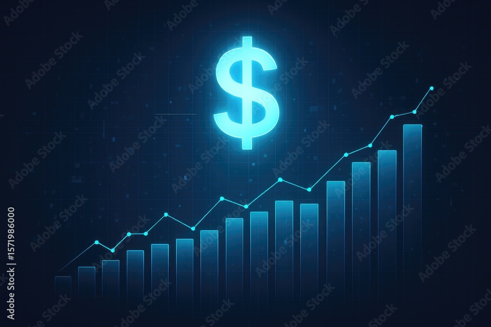 Poster glowing cyan dollar symbol above ascending bar graph and line chart currency finance