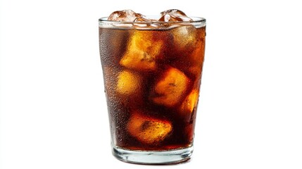 Refreshing cold beverage served over ice in a clear glass on a bright background