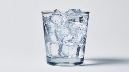 Refreshing glass of iced water filled with crystalline ice cubes on a clean white background
