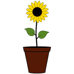 Obraz premium Cheerful potted sunflower simple cartoon illustration happy bright summer floral design