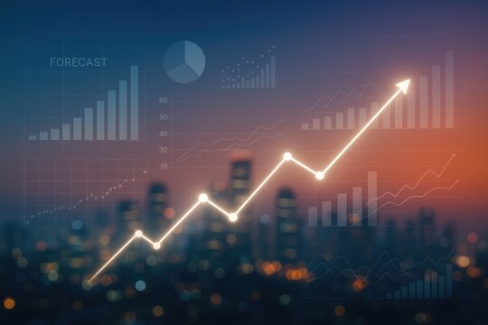 Glowing upward trend line over city skyline with financial charts business growth