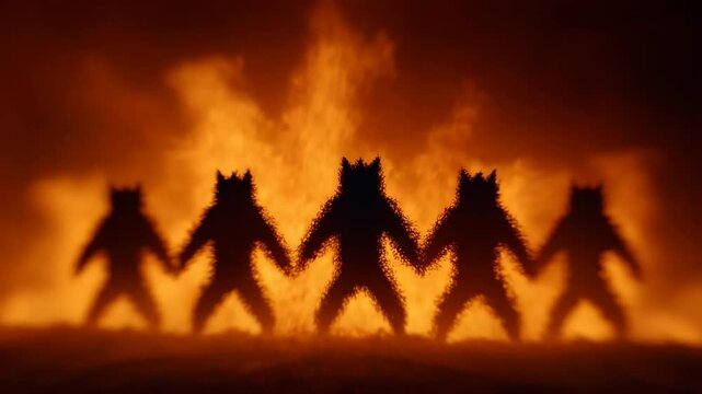 Shadowy Figures of Solidarity: A group of silhouetted figures, connected hand in hand, stands boldly against the dramatic backdrop of flickering flames, symbolizing unity and courage.
