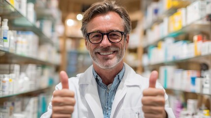 Pharmacist smiling and giving thumbs up in well-stocked pharmacy during daylight hours