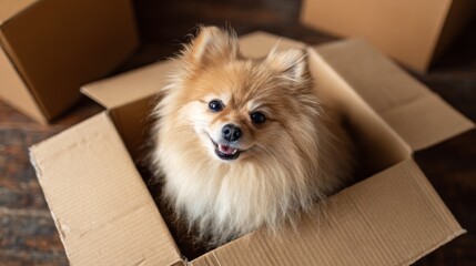 Smiling Pomeranian dog joyfully sits in a cardboard box surrounded by packing boxes indoors
