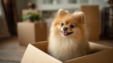Pomeranian puppy happily sitting in a cardboard box inside a cozy living room after moving day