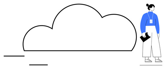 Minimalist design with a person holding a tablet next to a large cloud outline. Ideal for digital innovation, cloud computing, technology, storage, connectivity, design, simple flat metaphor