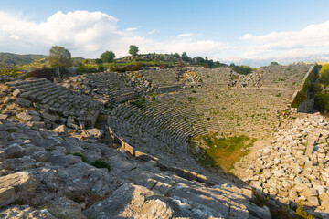Impressive view of remains of antique Greco-Roman style theater of Selge, Turkiye, Antalya Province