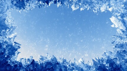 Detailed ice crystals forming a stunning blue frame against a clear sky backdrop in winter