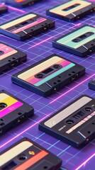 1990s retro polaroid photo of cassette tapes, neon grid background, vintage film grain