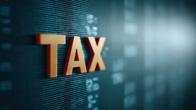 Supply chain and import tariff, Bold orange "TAX" text stands out against a digital blue background filled with blurred numbers and data, symbolizing finance and taxation.