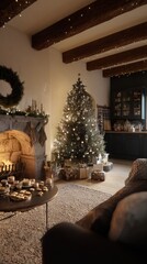 Cozy Christmas living room, decorated tree with twinkling lights, family baking cookies, fireplace glow, 8K realistic detail, warm tones
