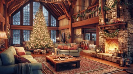 Cozy Christmas living room, decorated tree with twinkling lights, family baking cookies, fireplace glow, 8K realistic detail, warm tones