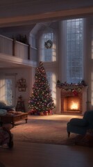 Cozy Christmas living room, decorated tree with twinkling lights, family baking cookies, fireplace glow, 8K realistic detail, warm tones