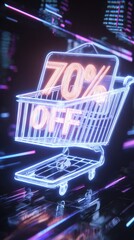E-commerce sale concept, floating 3D shopping cart with "70% OFF" holographic tag, neon cyber monday text, dark background with data streams 